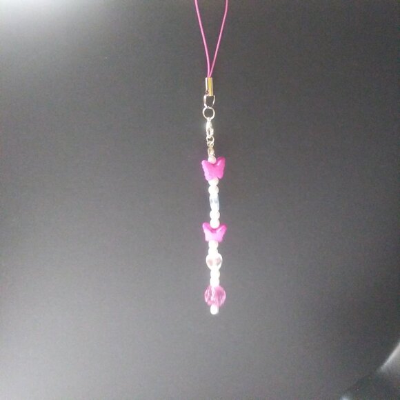 Hot Pink Butterfly Beaded Phone Charm | Iridescent Pearl Strap Accessory - Picture 4 of 7